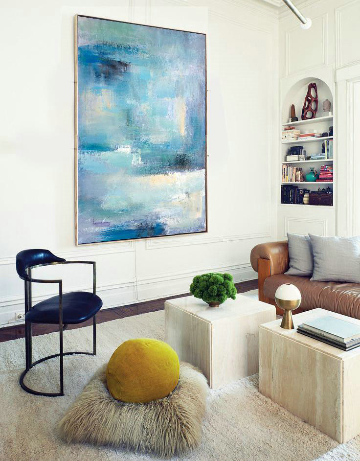 Handmade Large Contemporary Art,Vertical Palette Knife Contemporary Art,Large Contemporary Painting,Blue,White,Grey.etc